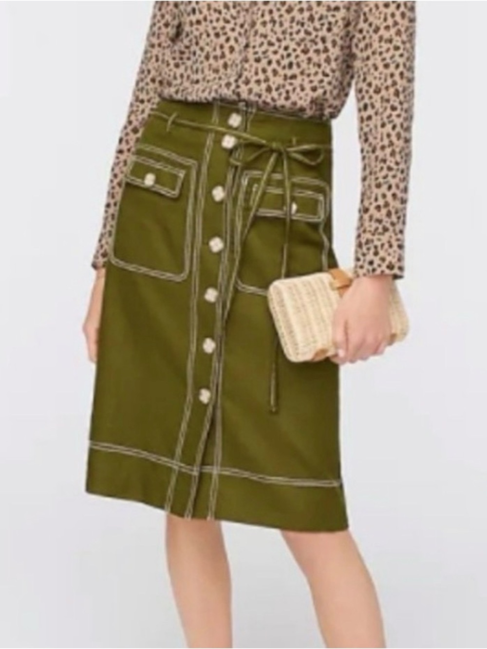 NWT J.Crew Button-Up Stretch Linen Skirt in Olive